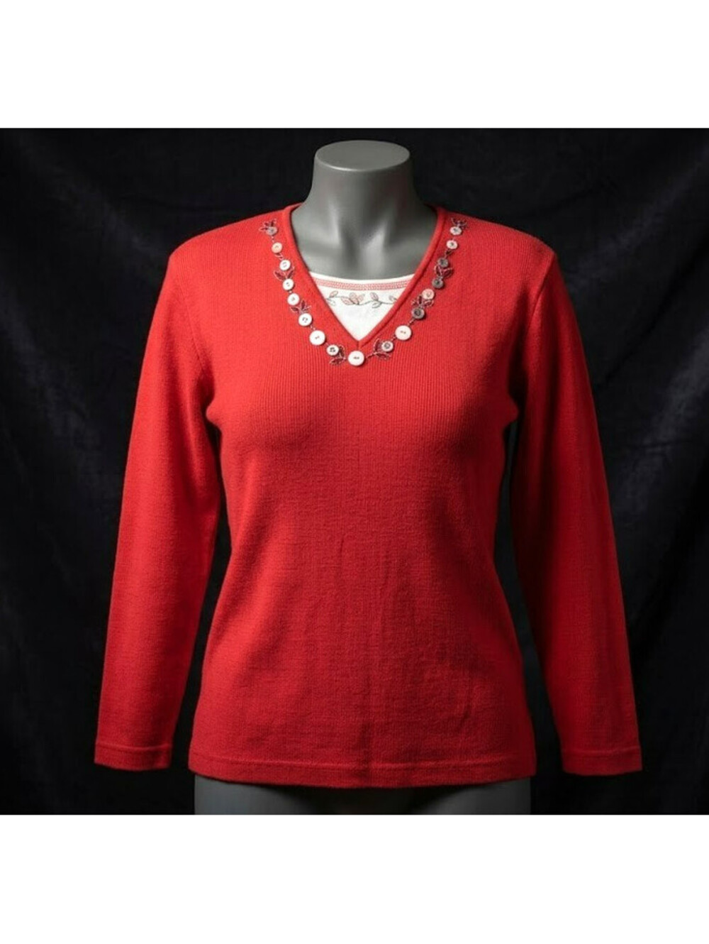 TEDDI Vintage Red Embroidered Layered Look Sweater Top V-Neck Sz S .Read